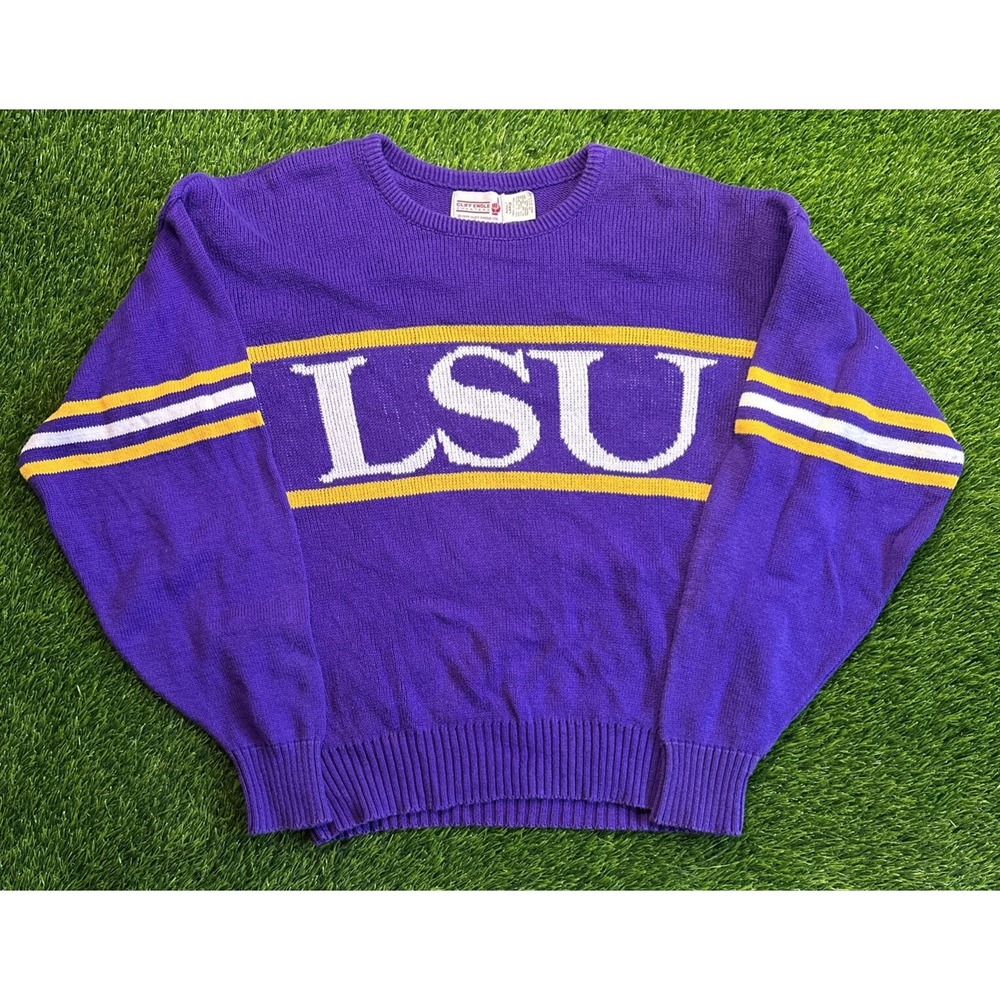 Vintage 1980's LSU TIGERS Cliff Engle Crew Neck Knit Sweater Made in‎ USA Large - Picture 2 of 11